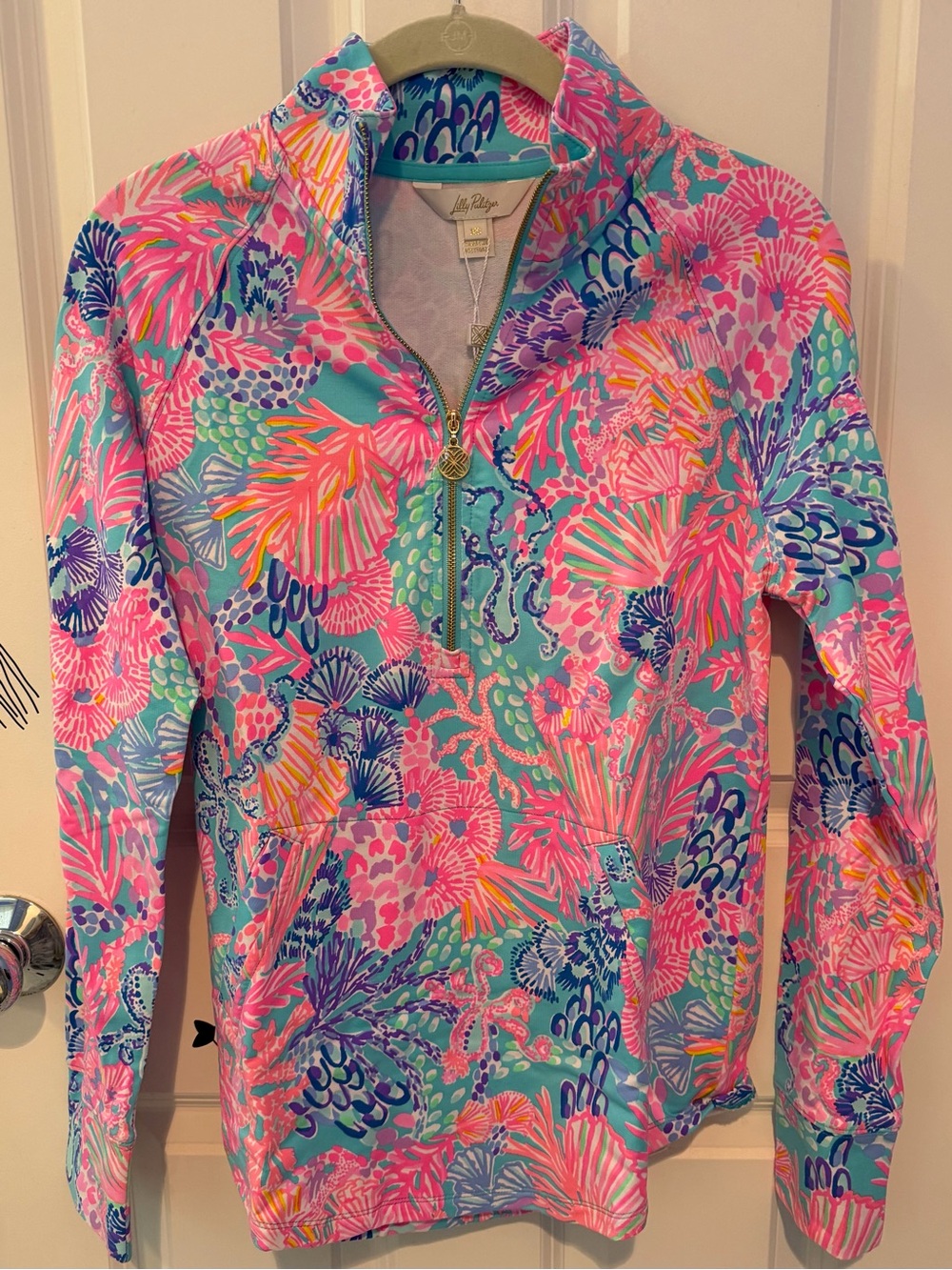 Lilly Pulitzer Vibrant Pink & Aqua Coral-Print Quarter-Zip Pullover